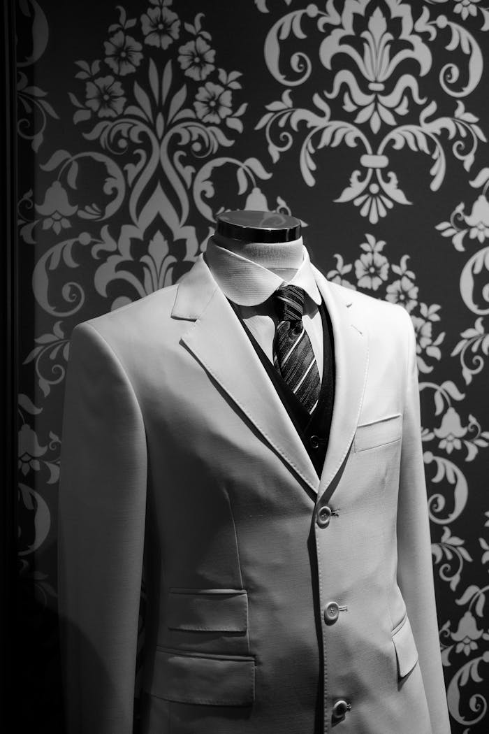 gallery-3 Sophisticated white dinner jacket displayed on mannequin against classic damask wallpaper.