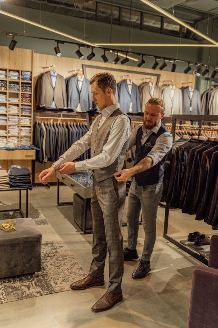 gallery-5 A tailor assists a customer with fitting a suit in a stylish fashion store.