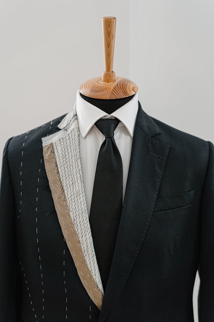 services-01 Black suit on a mannequin showcasing tailoring precision and design.