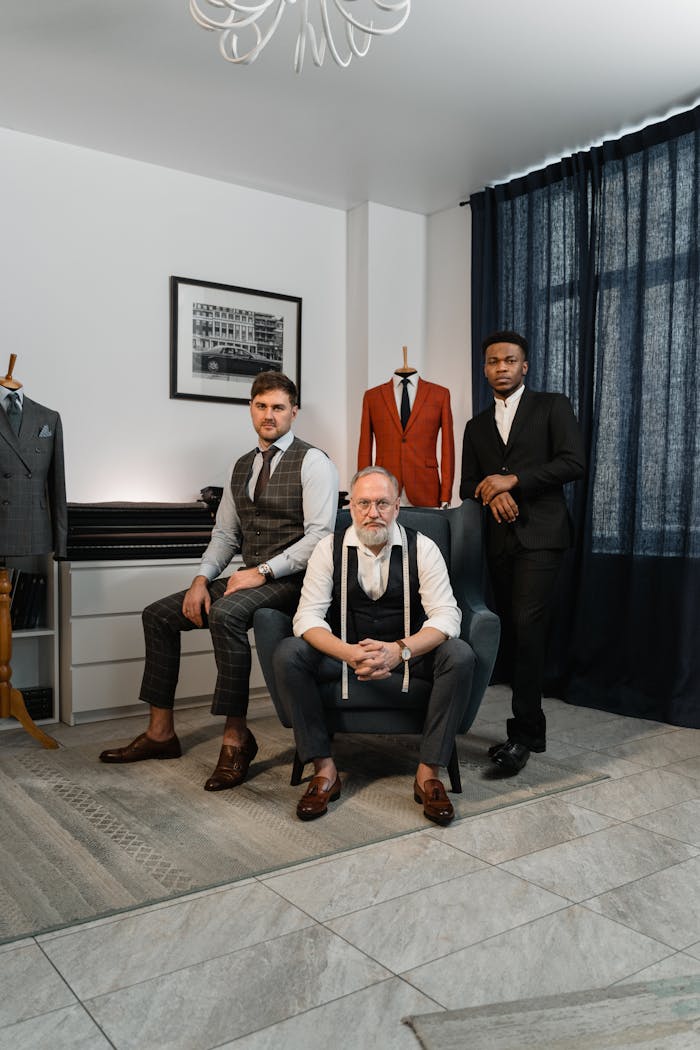 gallery-2 Three well-dressed men in a tailor's atelier showcasing elegance and style in men's fashion.