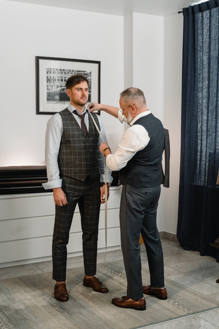 services-02 Tailor measuring a man for a custom suit in a stylish studio.